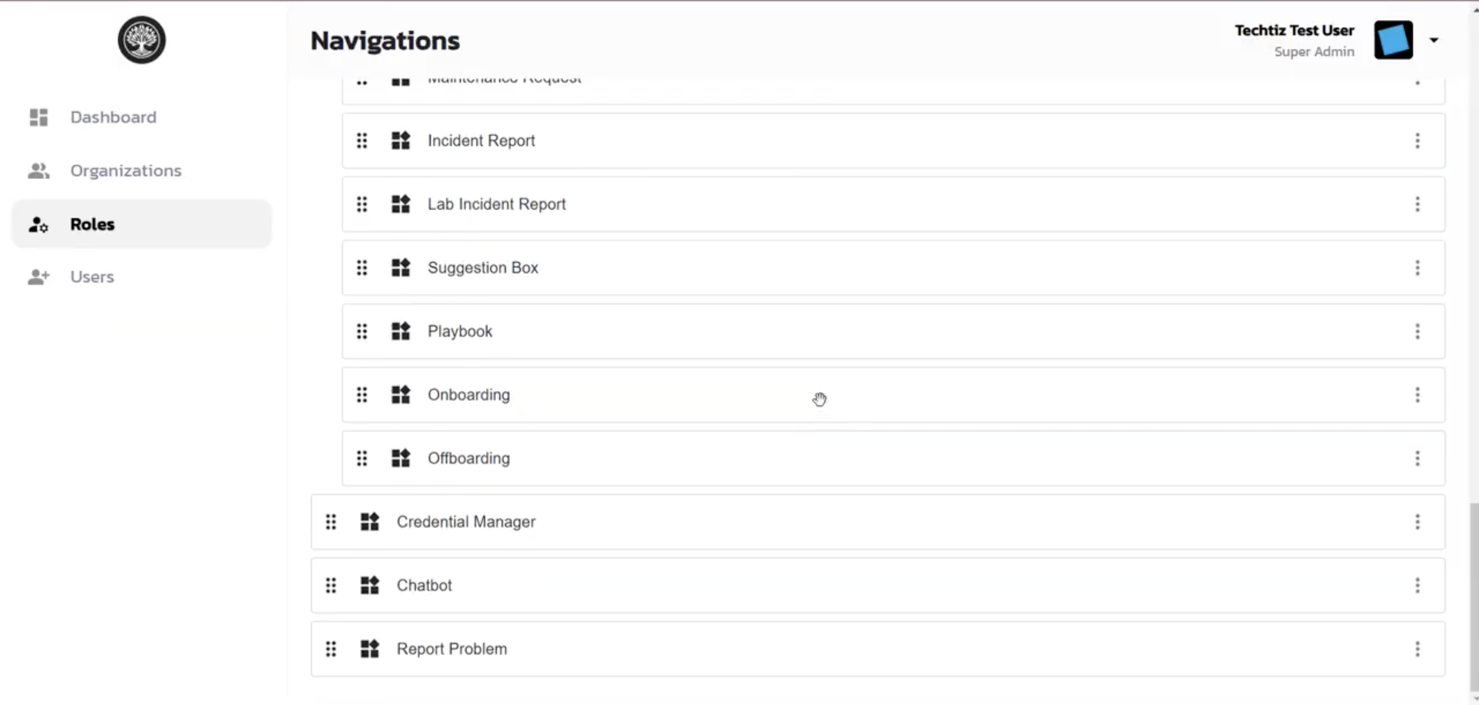 Draggable navigation items list continued, including Incident Report, Playbook, Onboarding, Offboarding, and Credential Manager