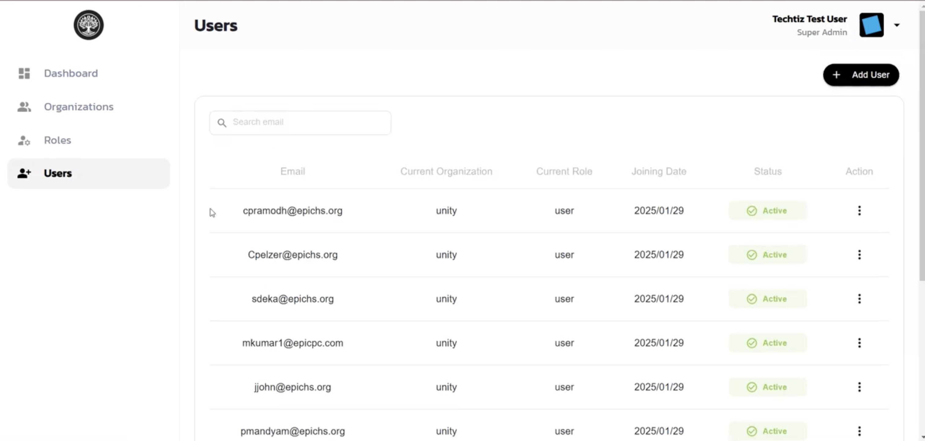 Admin Portal Users table with email, current organization, current role, joining date, and status columns